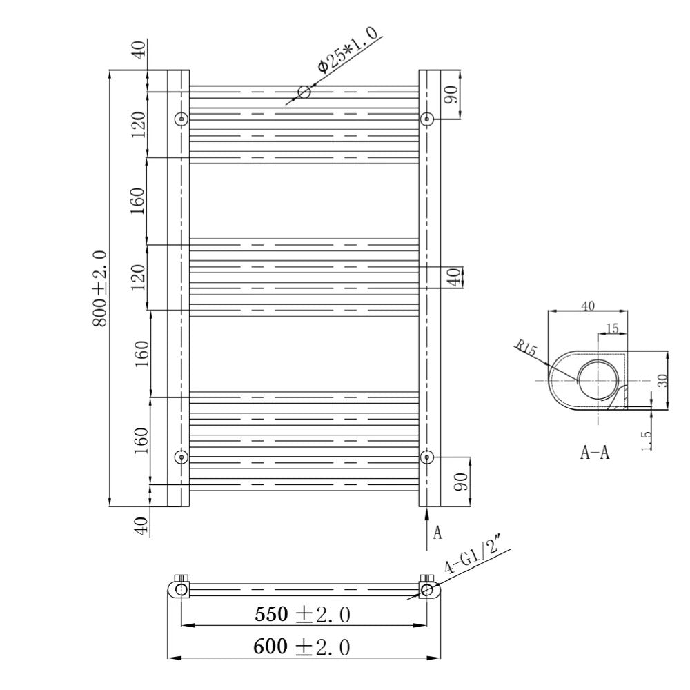 WARMBASE LOCO PREMIER STRAIGHT 600 X 800MM LADDER RAIL 600 X 800MM CHROME