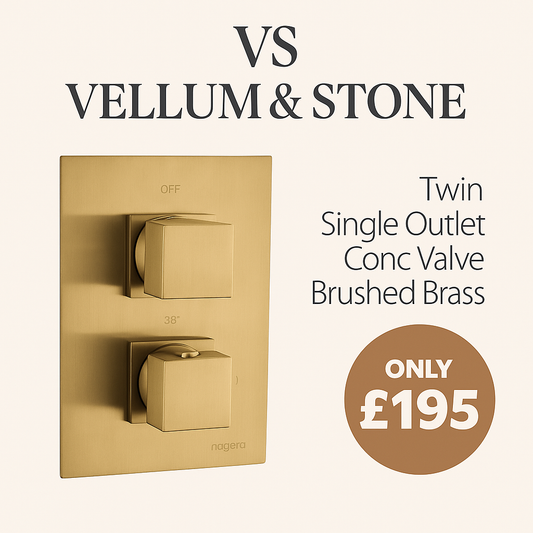 Vellum & Stone twin single outlet concealed valve in brushed brass for modern bathroom
